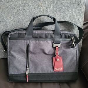 TUMI Charcoal Laptop Briefcase with Red Accents